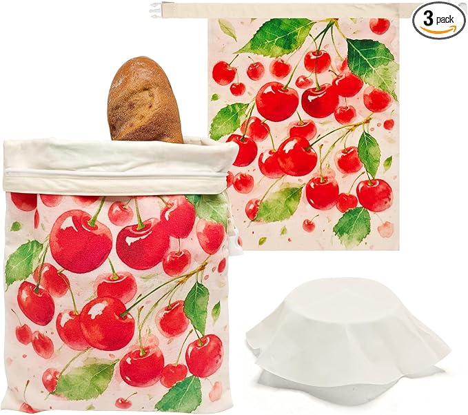 Beeswax Bread Bags for Sourdough 2 Pack 13"x17" Eco-Friendly Reusable Linen Cotton Storage Bags with Zipper Closure for Homemade Bread Fresh-Keeping, Freezer-Safe (Cherries)