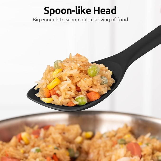 600ºF Heat Resistant Spatula Spoon: U-Taste Flexible Silicone Cooking Scoop Spoonula, Serving Mixing Scraping Food in Non-Stick Pan Cookware, Seamless Multifunctional Kitchen Utensil (Black)