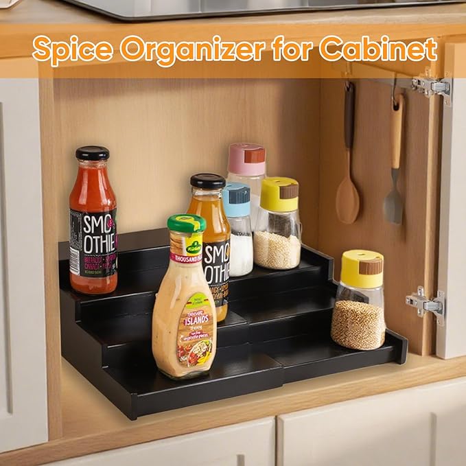 Spice Rack Kitchen Cabinet Organizer: 4 Tier Bamboo Expandable Spice Storage Display,Spice Shelves Adjustable Seasoning Organizer (Black)