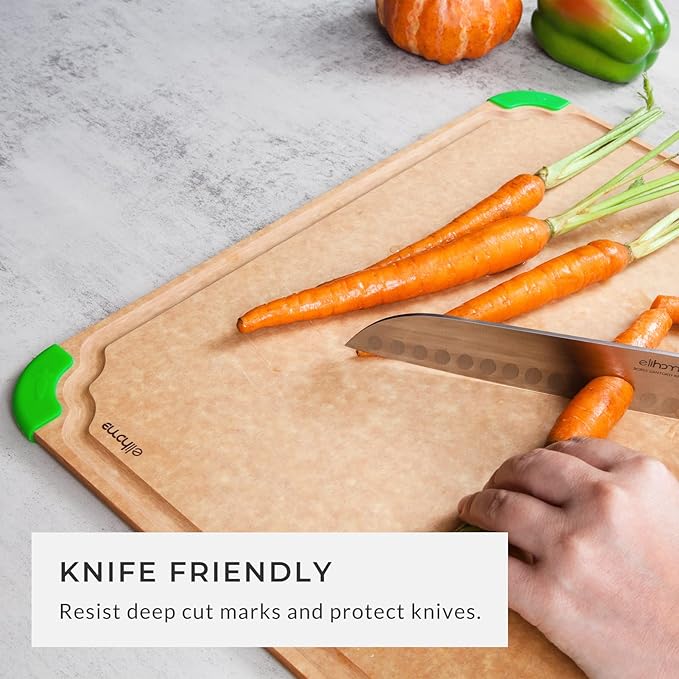 Elihome Premium Series 4-in-1 Kitchen Cutting Board Set, Non Slip Feet, Color Coded with Food Icon, Natural Wood Fiber, Dishwasher Safe, Eco-Friendly, Juice Grooves,Non Porous, BPA Free, Made in USA