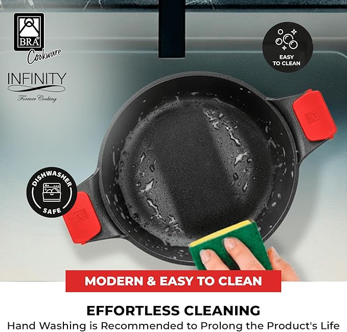 BRA COOKWARE Infinity Nonstick Stock Pot w/Glass Lid | 8 Inch 2.8 Quart Cast Aluminum Cooking Pot | PFOA/PFAS Free Deep Pot | All Cooktops (incl Induction) | Removable Silicone Handle