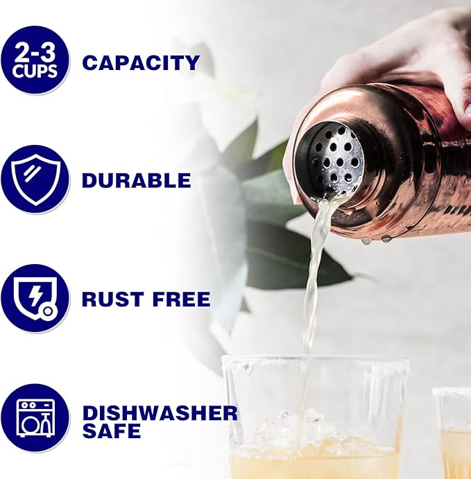 Large 24oz Cocktail Shaker Set, Stainless Steel 18/8 Martini Mixer Shaker with Built-in Strainer, Measuring Jigger & Mixing Spoon, Martini Shaker Set, Perfect for Bartender and Home Use, Rose Gold