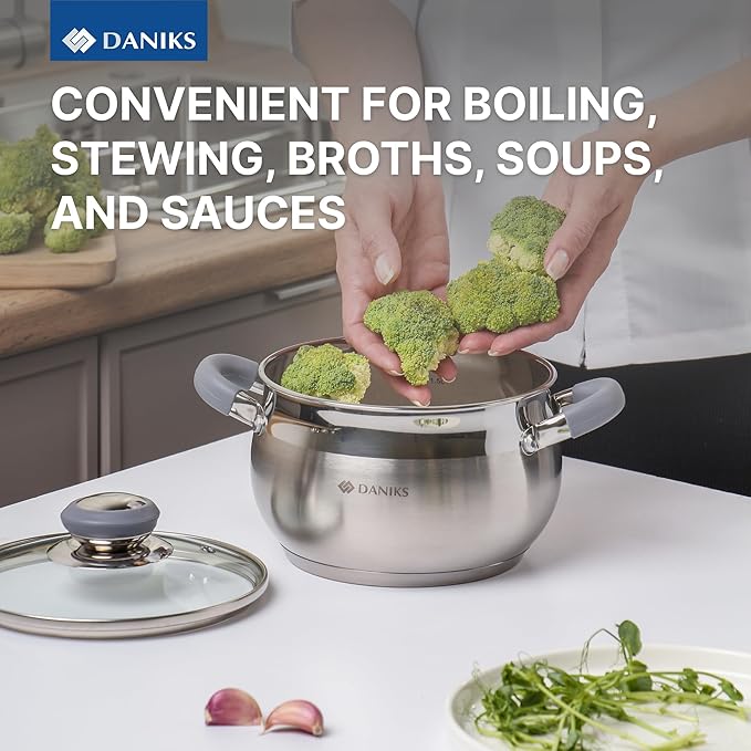 Daniks Modern 3 Quart Stainless Steel Stock Pot with Glass Lid, Tri-Ply Bottom for Even Heating, Induction Compatible, Dishwasher Safe, Heatproof Handles