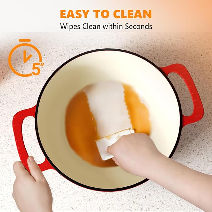 ROVSUN Enameled Cast Iron Round Dutch Oven, 6QT Pot with Lid &Dual Handles with Silicone Gloves,Oven Safe up to 500°F, Heavy-Duty Pre-Seasoned Cookware for Bread Baking, Braising, Stews, Roasting, Red