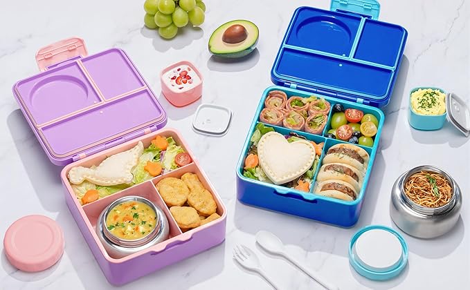 Fimibuke Bento Lunch Box for Kids Adult, 3-4 Compartment 60OZ Toddler Lunch Box Container with Leakproof 8OZ Insulated Food Jar, Sauce Jar, Utensil for School Boys Girls, BPA-Free Dishwasher Safe