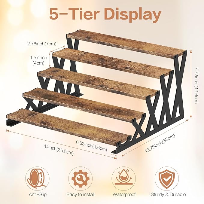 KALYLOC 5 Tier Wooden Display Riser Stand 13.8 Inch Metal Step Cologne Stand Perfume Organizer Tabletop Tiered Display Shelf Rack for Cupcake Spice Figures Cosmetics Candles (Brown, X-Shape)