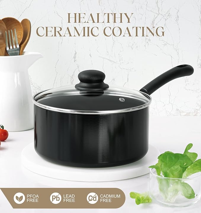 MICHELANGELO Nonstick 3 Quart Saucepan with Lid, Ceramic Small Sacuce pan, Easy to Clean, Non-Toxic Saucepan, 3QT, Black