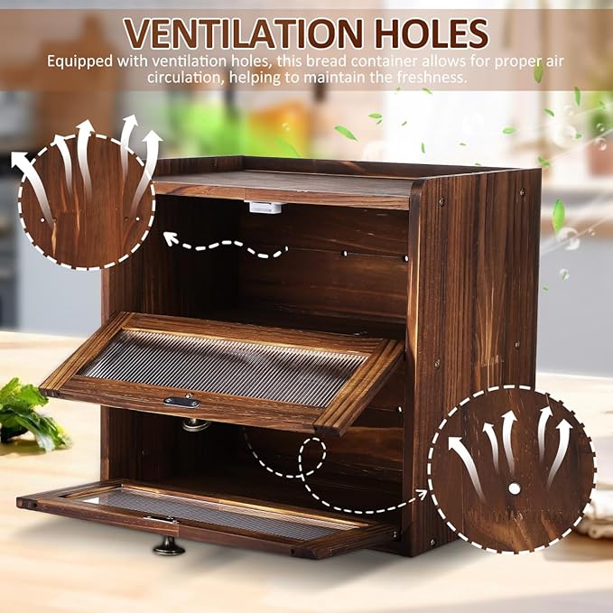 PRETYZOOM Bread Box for Kitchen Countertop, 2 Layer Wooden Bread Storage Bin with Magnetic Closure Window, Vintage Farmhouse Organization Kitchen Food Organizer