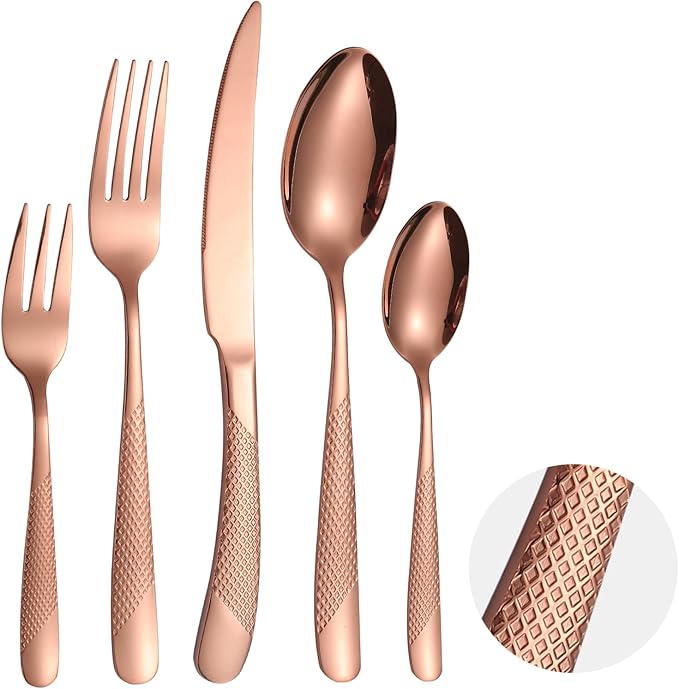Hammered Flatware Set Copper/Rose Gold Silverware 20 Piece Stainless Steel Service for 4 Forks Knives Spoons Heavy Thickened Handle Elegant Modern Design Kitchen Use Festival Parties…