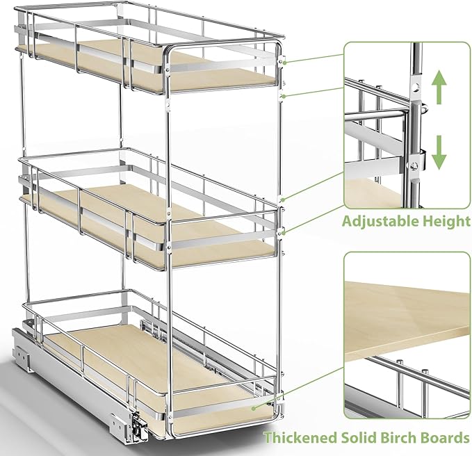 ROOMTEC 3-Tier Pull Out Cabinet Organizer Spice Rack for Narrow Cabinet 9" W x 20½" D, Slide Out Wood Shelves Storage for Kitchen