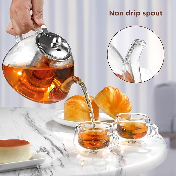 Glass Teapot, 1300ml/44 oz Stovetop Safe Glass Teapot with Removable Stainless Infuser for Loose Leaf Tea, Hot/Iced Water, Juice Beverage