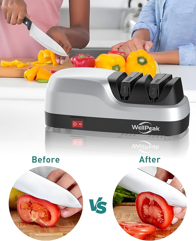 2-Stage Electric Knife Sharpener for 20-Degree Knifes, Diamond Abrasive Sharpening for Straight Edge Chef Knives, Ceramic Hone for Chef Knives, Serrated Knives Polishing