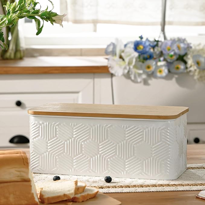 Large Bread Box for Kitchen Countertop Corner Breadbox for Homemade Bread Metal White Hexagon Stripe Pattern Embossed Bread Storage Container Bin with Bamboo Lid