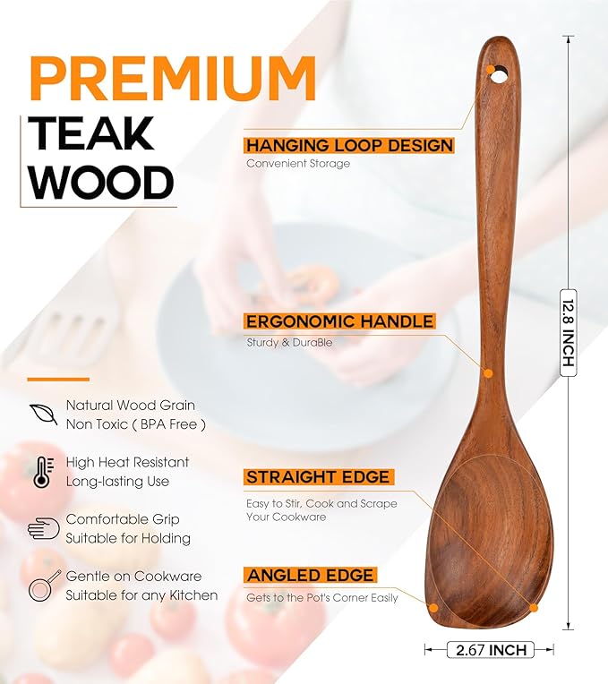 Wooden Spoons for Cooking, Natural Premium Teak Wood Corner Spoon, Good Grip Large Wooden Spoons and Wooden Spatula, Heat Resistant Wooden Cooking Utensils for Nonstick Cookware Cooking Gifts