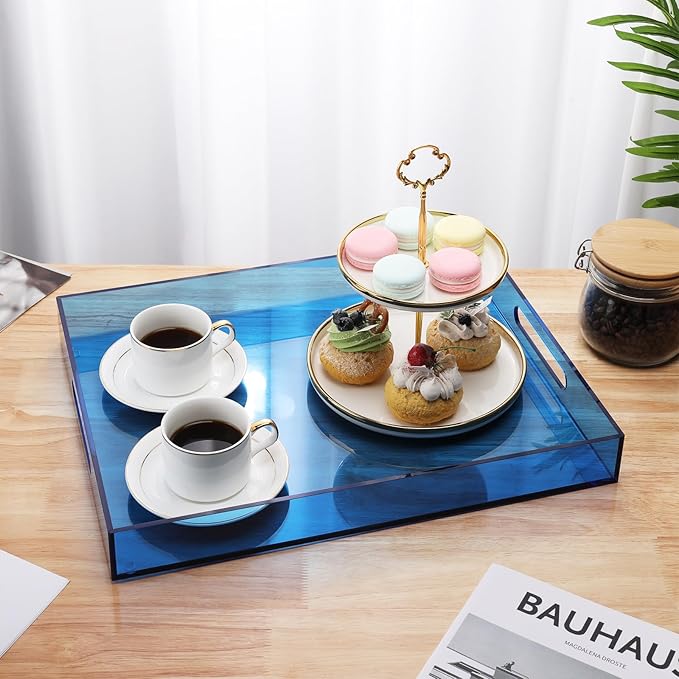 Large Acrylic Tray Ottoman Coffee Table Tray with Handles 17x13'' Decorative Serving Platter for Food Tea Dinner Snack Eating Bar Party, Blue
