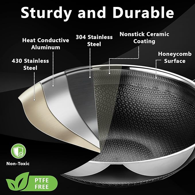 Hybrid 12 Inch Wok Pan with Lid, 5QT Stainless Steel Deep Woks & Stir-fry Pans with Flat Bottom, Stay-Cool Handle, Induction & Dishwasher & Oven Safe, Non Toxic, PFOA Free Skillet Cookware