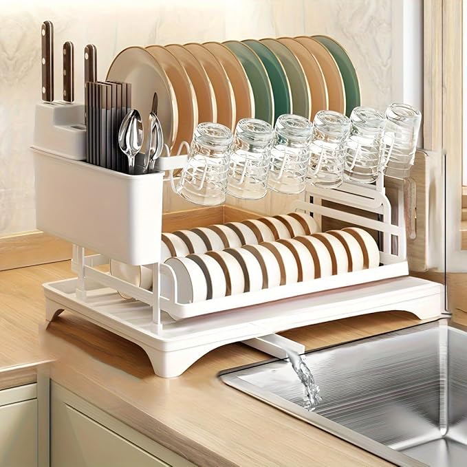 2 Tier Dish Racks for Kitchen Counter and Sink - Large Dish Drying Rack with Drainboard & Utensil Holders - Stainless Steel Dish Drainers Kitchen Organization and Storage for Space Saving (White)