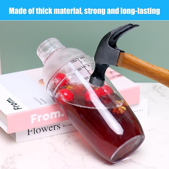 12 Pcs Plastic Cocktail Shaker with Scales and Strainer Top, Clear Drink Mixer Cup with Measurements for Tea, Coffee, Boba, and Milk, with 6 Cocktail Measuring Jiggers(700 Cc/ 24 oz)