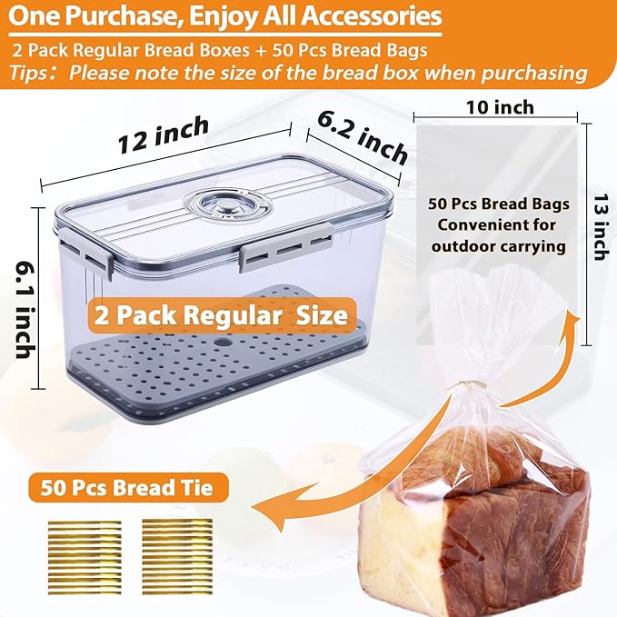 Circloophs 2 Pack Bread Box for Kitchen Countertop, 12X6X6 Inch Bread Container Storage Airtight Loaf, Clear Breadbox for Bread Storage, Refrigerator Lock Box for Fruit Storage Bread Holder with Bag