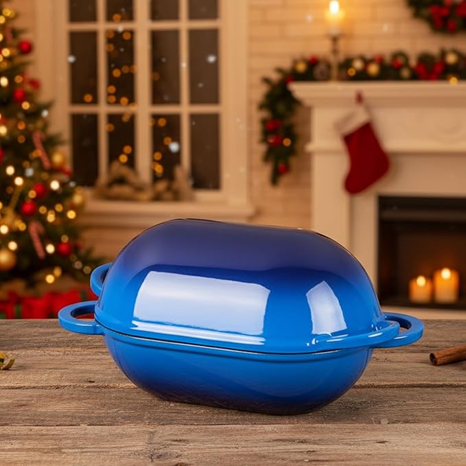 Onader 2.8QT Enameled Cast Iron Dutch Oven, Dutch Oven Pot with Lid for Sourdough Bread Baking, Oval Meatloaf Pan, Heavy Duty - Blue