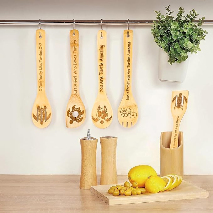 5PCS Turtle Wooden Cooking Spoons Sea Turtle Gifts Turtle Decor Turtle Gifts for Women Turtle Kitchen Decor Gifts for Turtle Lovers Housewarming Wedding Cooking Bamboo Cooking Spoons for Everyday Use