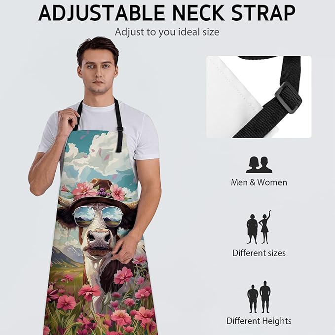 Stylish Cow Apron, Adjustable Kitchen Cute Cows and Pink Flowers Aprons with Pockets for Cooking BBQ Gardening, 28×33 IN, Holiday Gifts for Women Mom Wife, for Chef Baking, Oxford Fabric