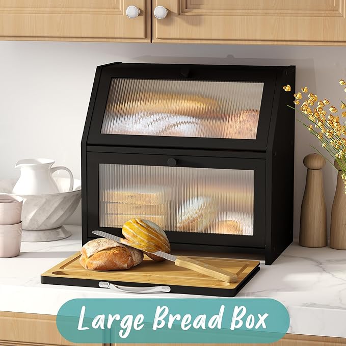 Extra Large Bread Box with Cutting Board Bamboo Wood Bread Box for Kitchen Counter, Double Layer Large Capacity Bread Storage Bin with Acrylic Wavy Door Panel (Black)