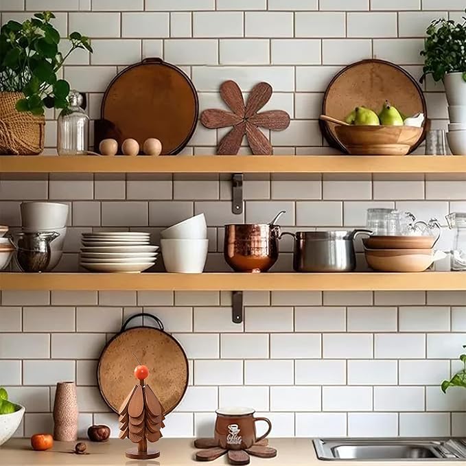 Wooden Trivets for Hot Dishes for RestaurantHot Dish Coaster with Tree-Shaped Wood Collapsible Hot Pad Trivet Tree(4 Piece-Walnut)