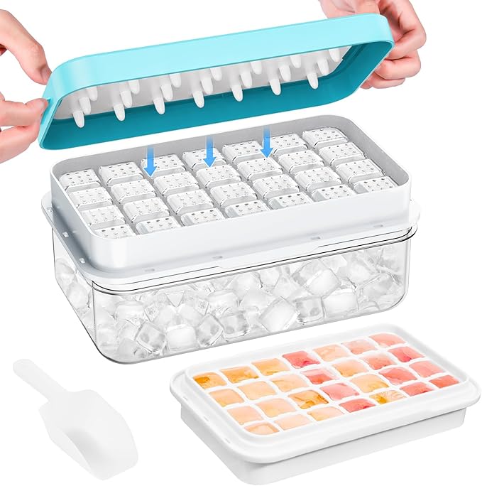 Ice Cube Tray with Lid and Bin, 28 pcs Ice Cubes Molds, Ice Trays for Freezer, Ice Cube Tray Mold, with 1 tray, Ice Freezer Container, Spill-Resistant Removable Lid & Ice Scoop, for Whiskey,Cocktail
