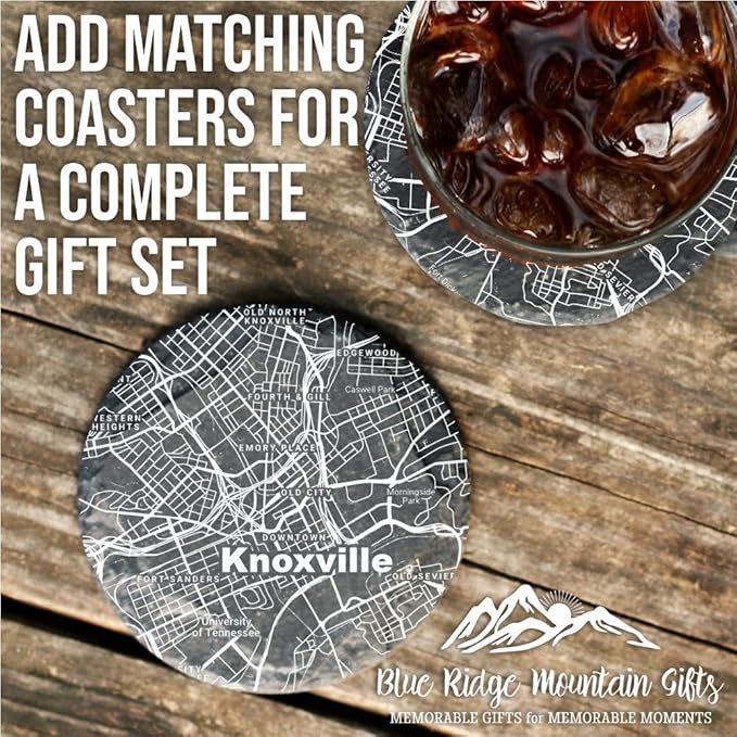 Blue Ridge Mountain Gifts - Knoxville Souvenir - Tennessee Glassware Gift, Etched City Map, Laser Engraved and Dishwasher Safe