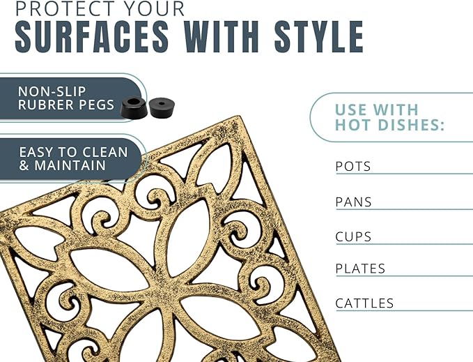 Comfify Decorative Cast Iron Trivet for Kitchen or Dining Table – Square with Vintage Pattern – 6.5" x 6.5" – Rubber Pegs – Recycled Rustic Metal – Gold with Black