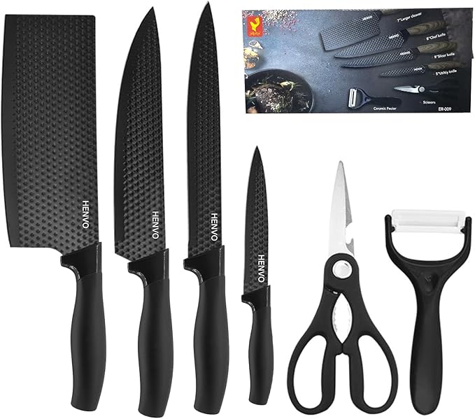 Kitchen Knife Set, 6 Piece Nonstick Ceramic Knife Set Anti-Rust Kitchen Knives with Ergonomic Handles (Black Handle)