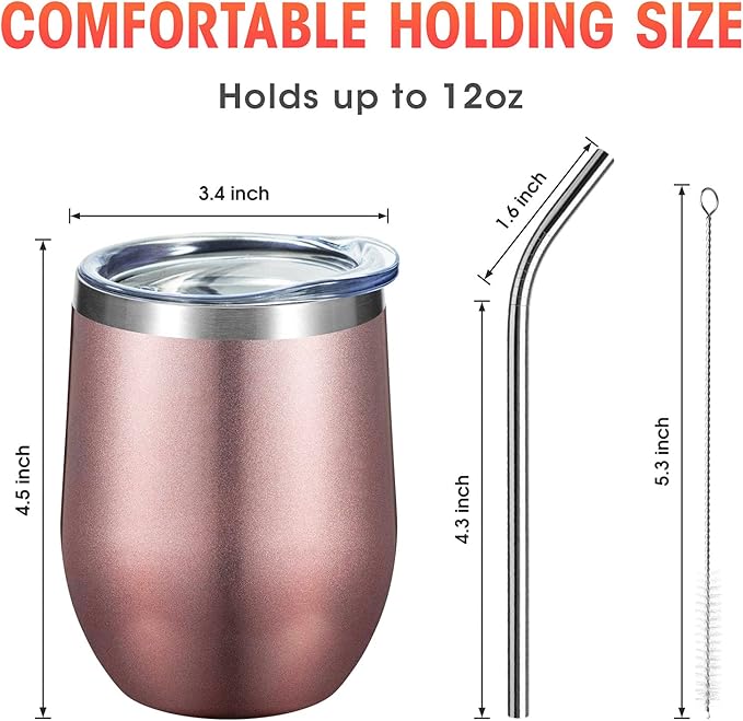 COMOOO Rose Gold Stainless Steel Wine Tumbler Bulk with Lid and Straw 12oz Double Wall Vacuum Insulated Travel Tumbler Cup for Coffee Wine Cocktails Ice Cream Cup (Rose Gold, 6 pack)