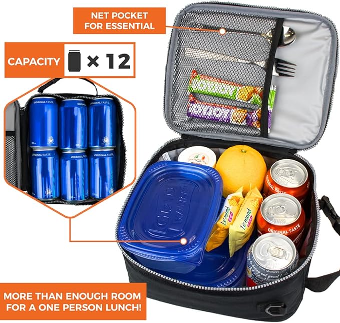 opux Insulated Lunch Box for Men Women Adult, Compact Lunch Bag for Kids Boy Girl Teen, Soft Lunch Cooler Bag for Work School, Leakproof Lunchbox Lunch Pail with Clip-on Buckle, Heather Navy