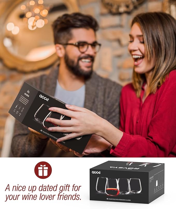 Stemless Wine Glasses Set of 4, 17oz Hand Blown Crystal Red White Wine Glass, Ideal for Birthday and Special Days, Perfect Gifts for Both Men and Women
