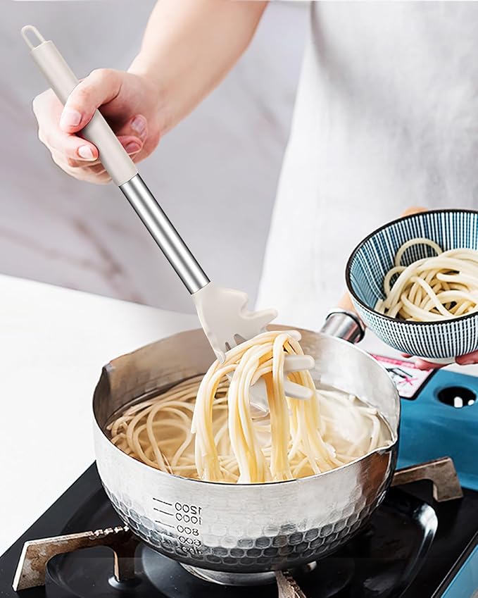 Pack of 2 Silicone Pasta Fork, Kitchen Heat Resistant Noodle Spoon Server, BPA Free Spaghetti Strainer, Best Cooking Tools (BLACK-KHAKI)