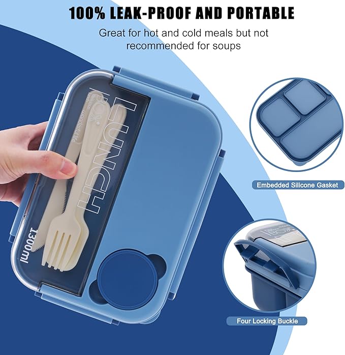 Bento box adult work lunch box, adult container, with 4 compartments, lunch container with cutlery (knife, fork, spoon, sauce box), animal fruit fork, microwave and dishwasher safe, Sky blue