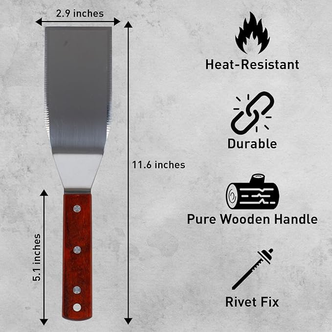 Eggssentials Griddle Spatula Stainless Steel Grill Spatula Turner for Burgers, Cookies and Pancakes with Wooden Handle.
