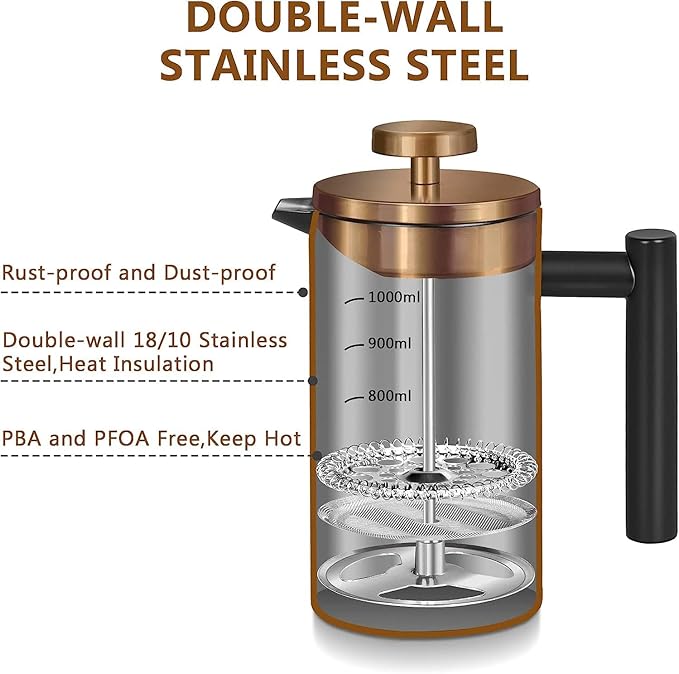 Miuly French Press Coffee Maker 34OZ, 8 Cup Stainless Steel French Press, Double-Walled Insulated Coffee Press for Home and Office, With 2 Extra Filter and Coaster Mat (1000ML, Black)