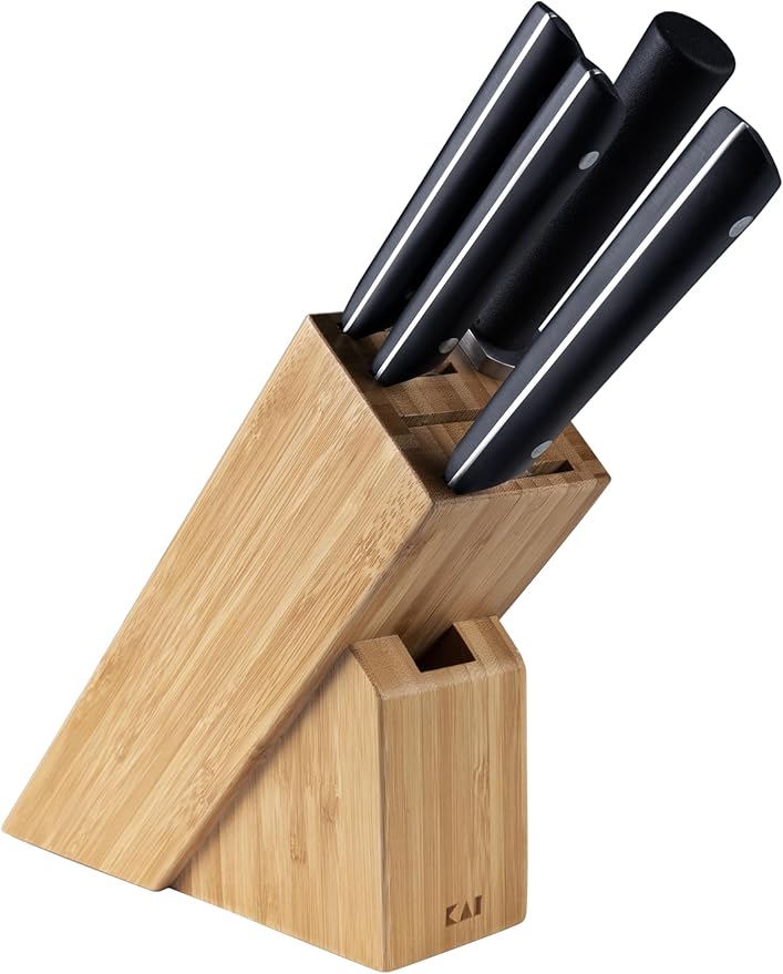 Kai PRO 5 Piece Slimline Block Set, Includes 8" Chef, 3.5" Paring and 6" Utility Knives, Knife Block Set, Japanese AUS6M Stainless Steel Blades, Full-Tang POM Handles