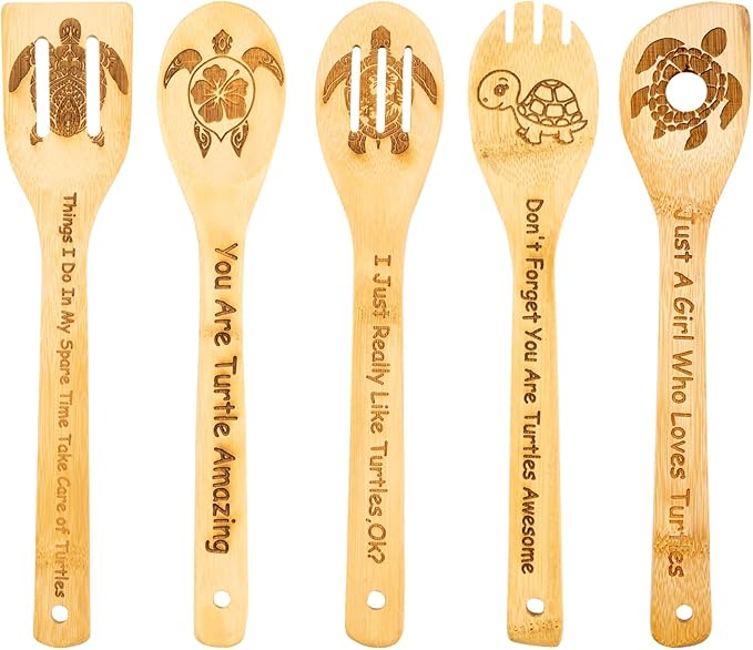 5PCS Turtle Wooden Cooking Spoons Set Turtle Gifts Turtle Kitchen Decor Bamboo Cooking Utensil Spoons Turtle Gifts for Women Kitchen Housewarming Wedding