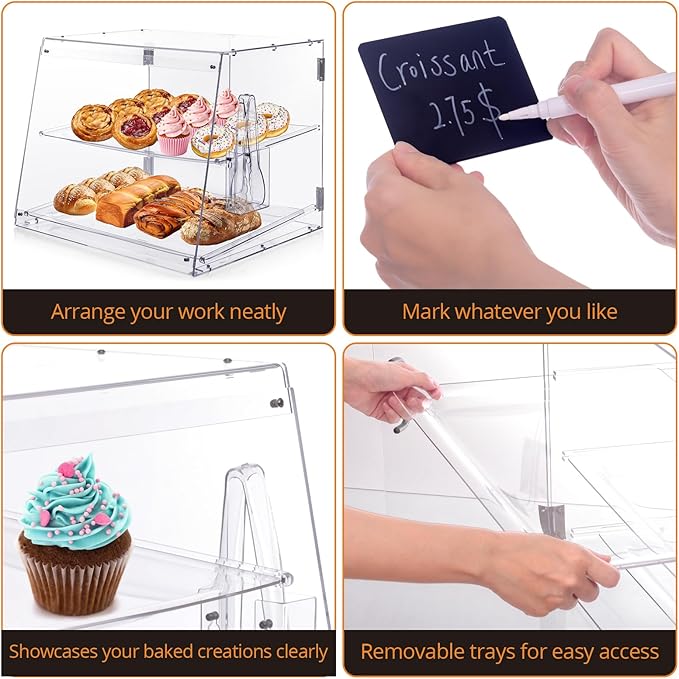 Bakery Display Case, Pastry Display Case Countertop 2 Tier Tray, Display Cabinet Box for Baking Enthusiasts, Acrylic Clear Boxes for Bread Pastry Desserts Food Cookie