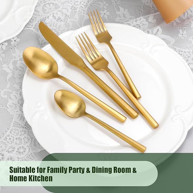 DEACORY Silverware Set Flatware Set Matte Gold Cutlery Set Brushed Brass Heavy Hexagon Handle Stainless Steel 20 Pieces Dishwasher Safe Service for 4