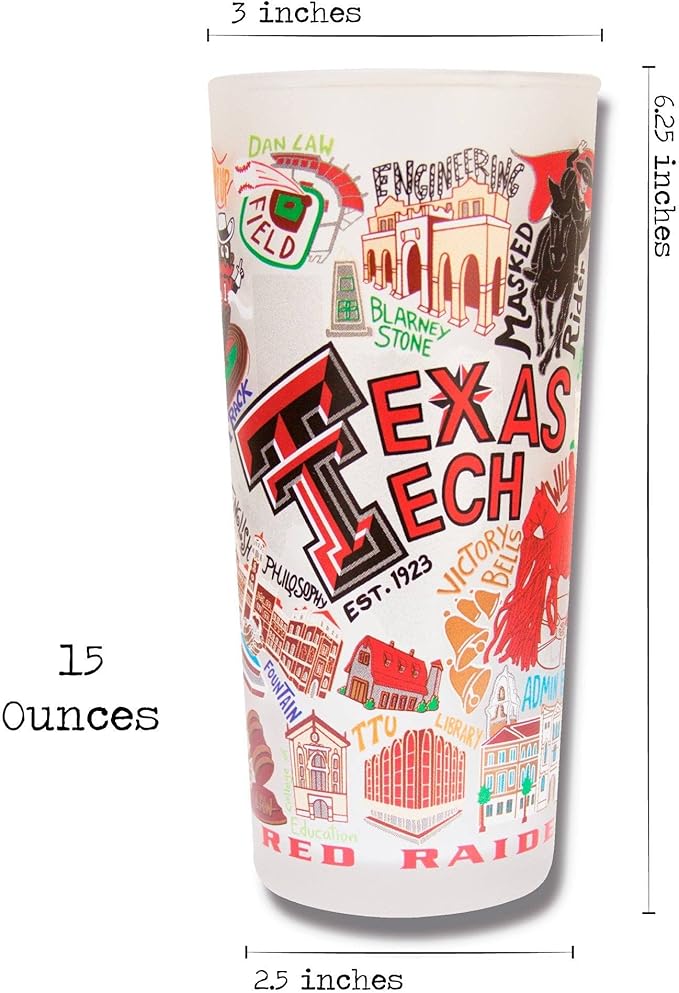 Catstudio Drinking Glass, Texas Tech University Glass Cup for Kitchen, 15oz Dishwasher Safe Tumbler for TTU Alumni