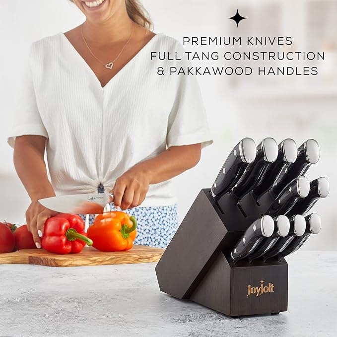 JoyJolt 11pc Kitchen Knife Set with Block. High Carbon, x50 German Steel Knives Set for Kitchen with Chef, Bread, Slicing, Nakiri, Utility, Paring and 4pc Steak Knife Set for Black Kitchen Decor