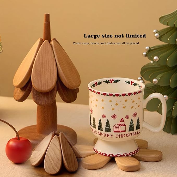 Tree Trivet for Hot Dishes, Artisanal Wooden Tree Coasters with Stand, Collapsible Trivets Tree, Christmas Tree Coasters Set of 4，2025