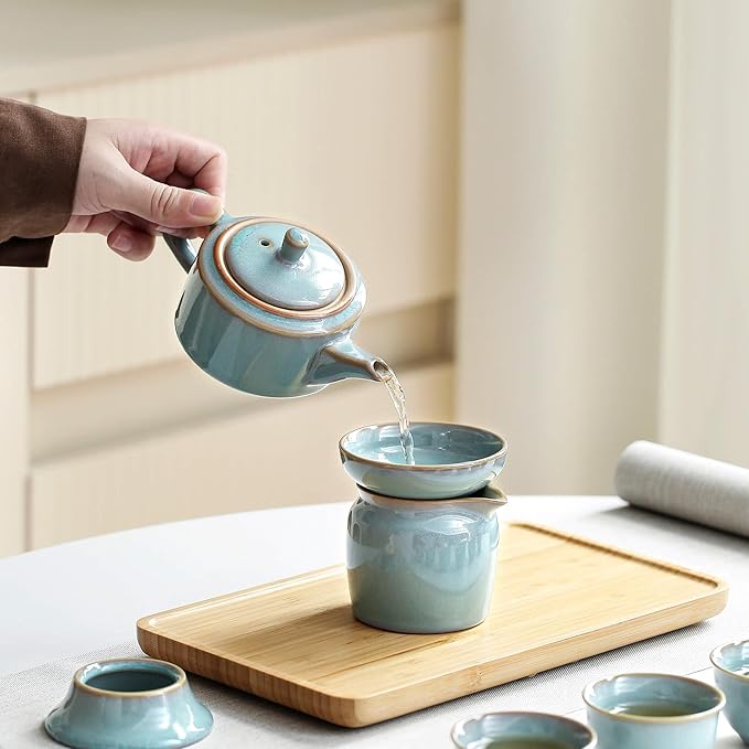 Chinese Tea Set, 10-Piece Ceramic Set with Teapot and Cups, Gongfu Tea Set,Tea Gift Sets,Outdoor and Office (purple and green)
