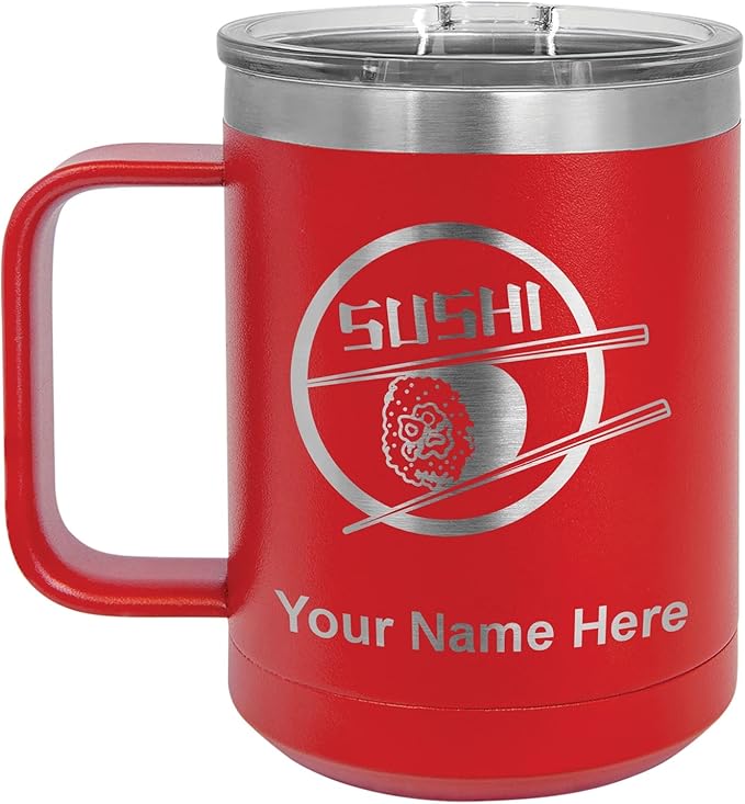 LaserGram 15oz Vacuum Insulated Coffee Mug, Sushi, Personalized Engraving Included (Red)