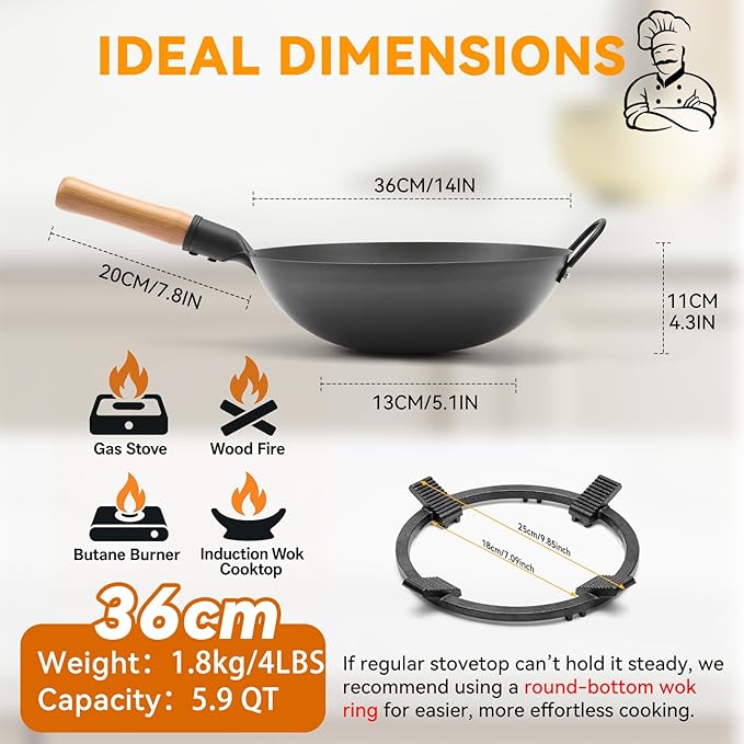 WANGYUANJI 14.2 Inch Round-Bottom Iron Wok and Cast Iron Wok Ring for Gas Stove, 8.3" Non-Slip Wok Support Rack