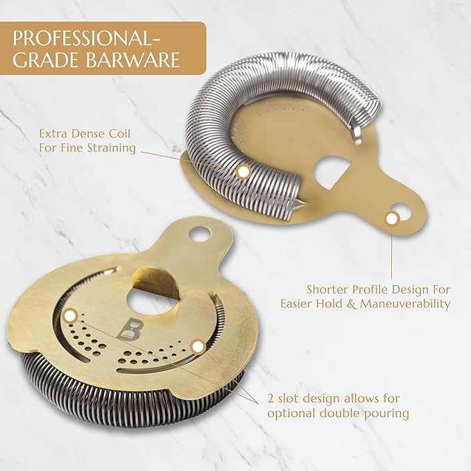 Hawthorne Strainer by Bull in China In Gold (100% Brass) - Made In USA - High Density Spring Cocktail Strainer for Boston Shakers and Mixing Glasses for Bars & Bartenders